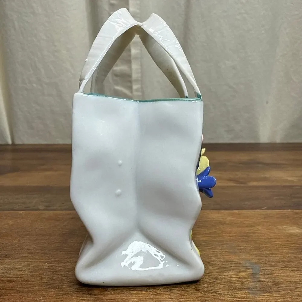 Handmade Porcelain Vintage Applied Flower Purse Bag Shaped Vase Catchall Décor